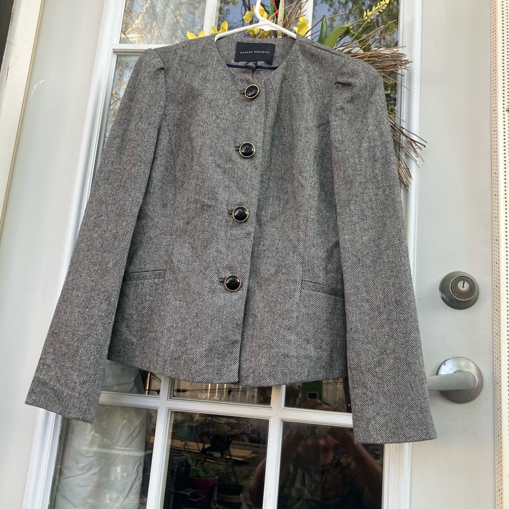 Banana Republic Gray Herringbone Button-Front Blazer
